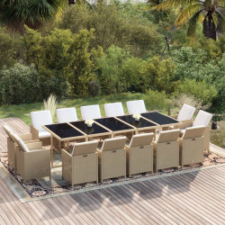 15 Pcs conjunto jantar p/ jardim c/ almofadões vime PE bege