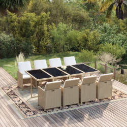 9 Pcs conjunto de jantar p/ jardim com almofadões vime PE bege