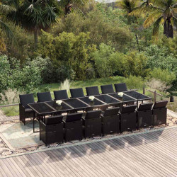 15 Pcs conjunto jantar p/ jardim c/ almofadões vime PE preto