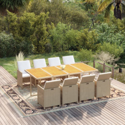 9 Pcs conjunto de jantar p/ jardim com almofadões vime PE bege