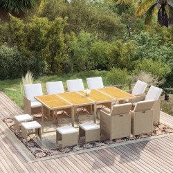 13 Pcs conjunto jantar p/ jardim c/ almofadões vime PE bege