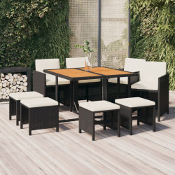 9 Pcs conjunto de jantar p/ jardim c/ almofadões vime PE preto