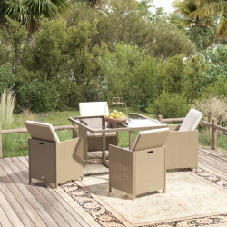 5 Pcs conjunto jantar p/ jardim c/ almofadões vime PE bege