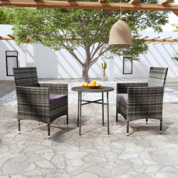 3 Pcs conjunto de jantar para jardim vime PE cinzento