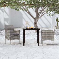 3 Pcs conj. de jantar para jardim c/ almofadões cinzento/preto