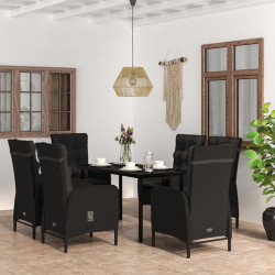 7 Pcs conjunto de jantar para jardim com almofadões preto
