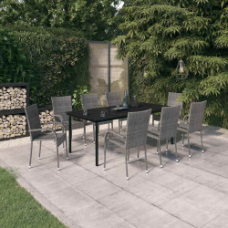 9 Pcs conjunto de jantar para jardim cinza e preto