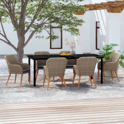 7 Pcs conjunto de jantar para jardim com almofadões castanho