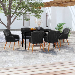 7 Pcs conjunto de jantar para jardim com almofadões preto