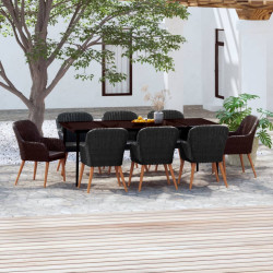 9 Pcs conjunto de jantar para jardim com almofadões preto