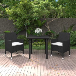 3 Pcs conjunto de jantar p/ jardim c/almofadões vime PE e vidro