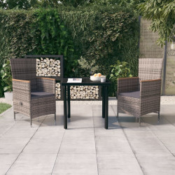 3 Pcs conjunto de jantar para jardim com almofadões cinzento