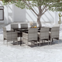 9 Pcs conjunto de jantar para jardim c/ almofadões cinza/preto