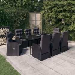 9 Pcs conjunto de jantar para jardim com almofadões preto