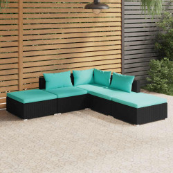 5 Pcs conjunto lounge de jardim c/ almofadões vime PE preto