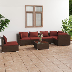 7 Pcs conjunto lounge jardim c/ almofadões vime PE castanho