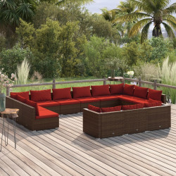 13 Pcs conjunto lounge jardim c/ almofadões vime PE castanho