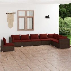 8 Pcs conjunto lounge jardim c/ almofadões vime PE castanho