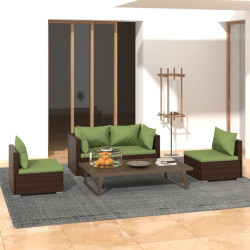 4 Pcs conjunto lounge jardim c/ almofadões vime PE castanho