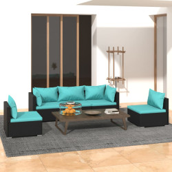 5 Pcs conjunto lounge de jardim c/ almofadões vime PE preto