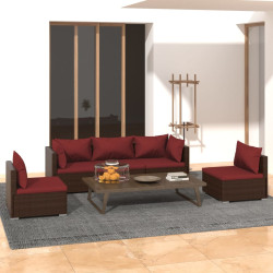 5 Pcs conjunto lounge jardim c/ almofadões vime PE castanho