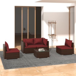 5 Pcs conjunto lounge jardim c/ almofadões vime PE castanho