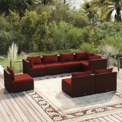 8 Pcs conjunto lounge jardim c/ almofadões vime PE castanho