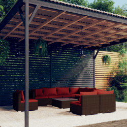 10 Pcs conjunto lounge de jardim c/ almofadões vime PE castanho