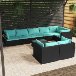 9 Pcs conjunto lounge de jardim c/ almofadões vime PE preto