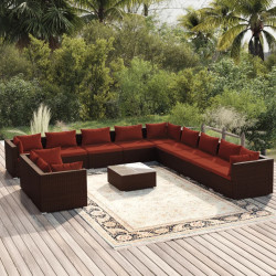 12 Pcs conjunto lounge jardim c/ almofadões vime PE castanho