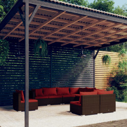 9 Pcs conjunto lounge jardim c/ almofadões vime PE castanho