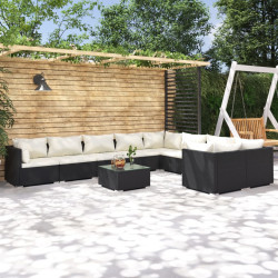 10 Pcs conjunto lounge de jardim c/ almofadões vime PE preto