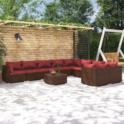 10 Pcs conjunto lounge jardim c/ almofadões vime PE castanho
