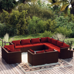 11 Pcs conjunto lounge jardim c/ almofadões vime PE castanho