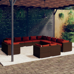 13 Pcs conjunto lounge jardim c/ almofadões vime PE castanho
