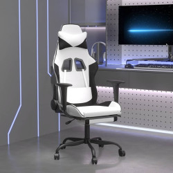 Cadeira gaming massagens c/ apoio pés couro artif. branco/preto