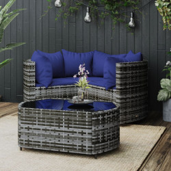 4 Pcs conjunto lounge de jardim c/ almofadões vime PE cinzento