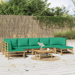 8 Pcs conjunto lounge de jardim bambu c/ almofadões verdes