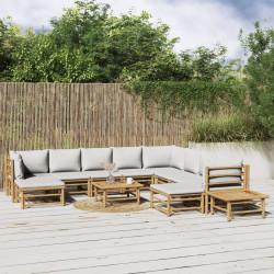 12Pcs conj. lounge de jardim bambu c/ almofadões cinzento-claro