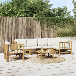 7 Pcs conjunto lounge de jardim bambu c/ almofadões branco nata