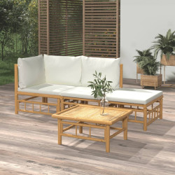 4 Pcs conjunto lounge de jardim bambu c/ almofadões branco nata