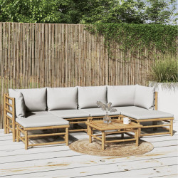 7 Pcs conj. lounge de jardim bambu c/ almofadões cinzento-claro