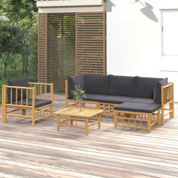 6 Pcs conjunto lounge jardim bambu c/ almofadões cinza-escuro