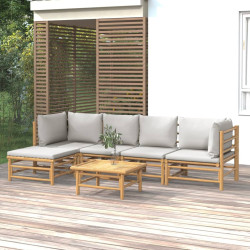 6 Pcs conj. lounge de jardim bambu c/ almofadões cinzento-claro