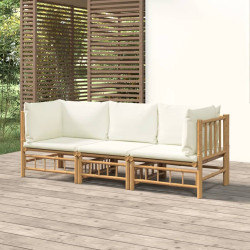 3 Pcs conjunto lounge de jardim bambu c/ almofadões branco nata