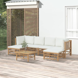 7 Pcs conjunto lounge de jardim bambu c/ almofadões branco nata