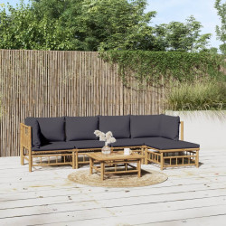 6 Pcs conjunto lounge jardim bambu c/ almofadões cinza-escuro