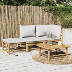 3 Pcs conj. lounge de jardim bambu c/ almofadões cinzento-claro