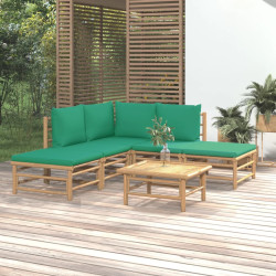 6 Pcs conjunto lounge de jardim bambu c/ almofadões verdes