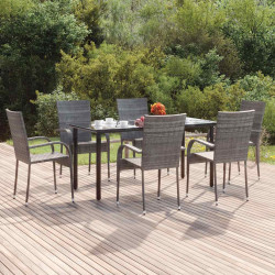7 Pcs conjunto de jantar p/ jardim vime PE cinzento